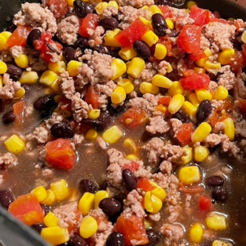 turkey chili with sweet corn, black beans, rotel tomatoes and chili seasoning