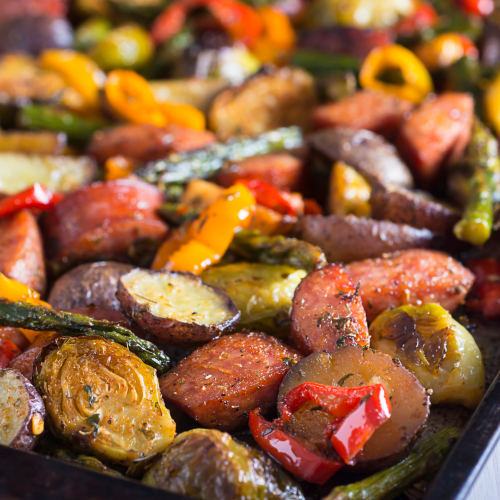 sheet pan seasoned sausage, peppers, onions, asparagus